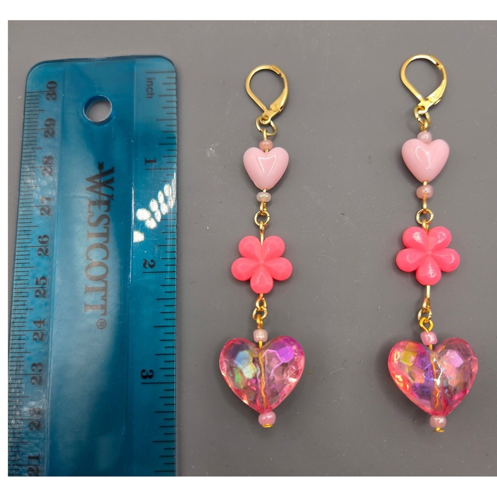 Handmade Earrings Gold Tone Pink Floral Heart Drop Dangle Leverback Kidcore - Picture 7 of 8